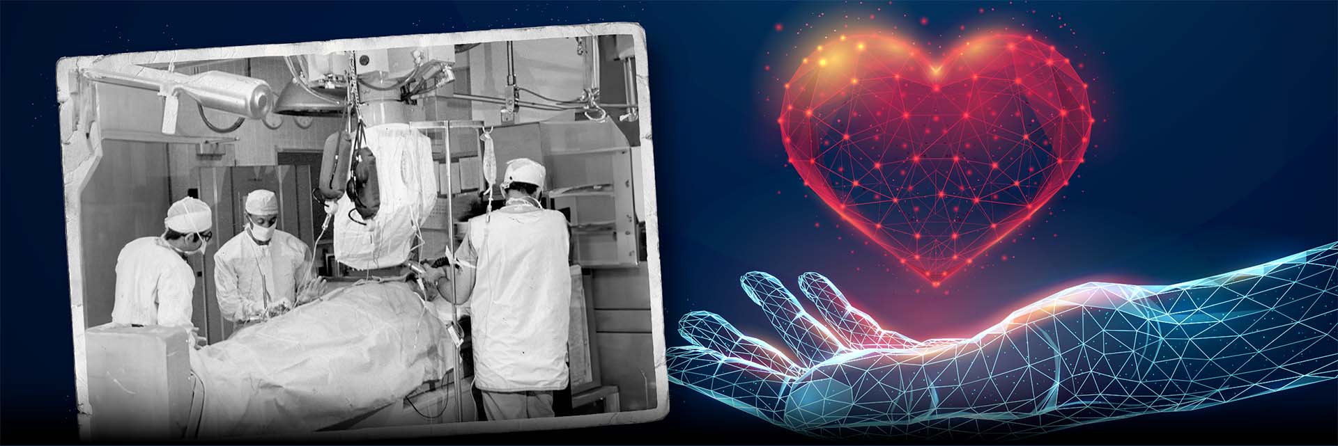 Black and white photo next to futuristic image of heart